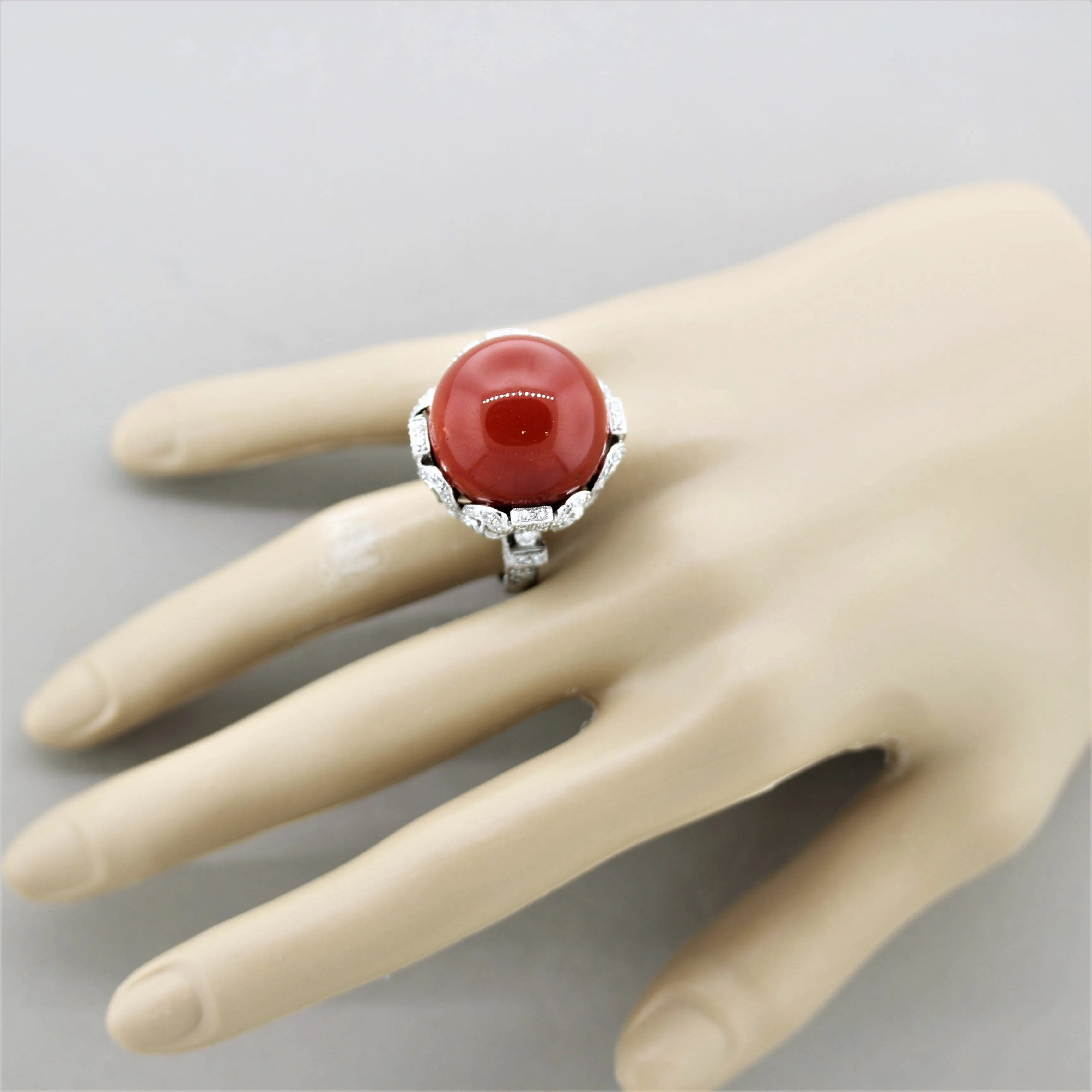 Important Coral Diamond Platinum Cocktail Ring