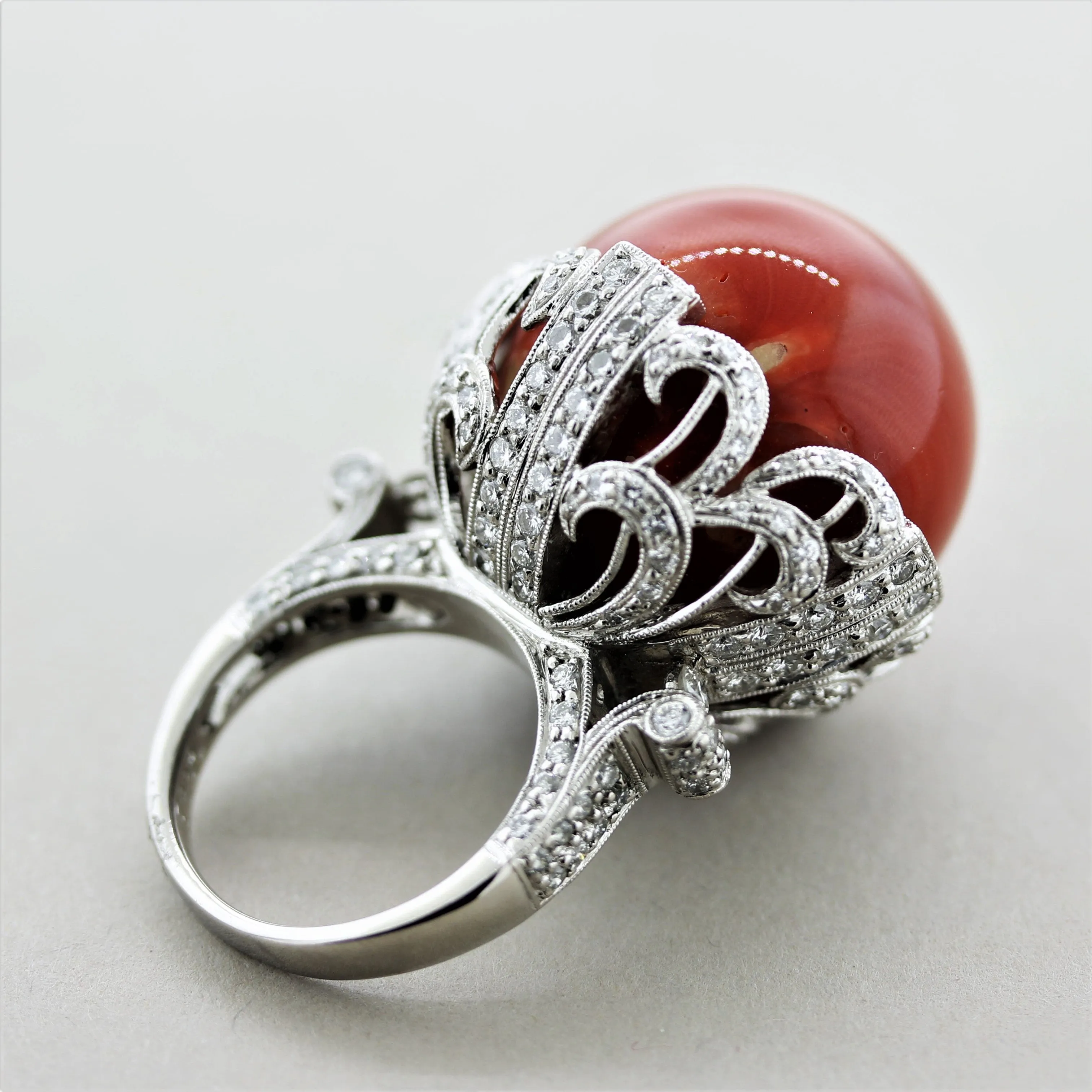 Important Coral Diamond Platinum Cocktail Ring