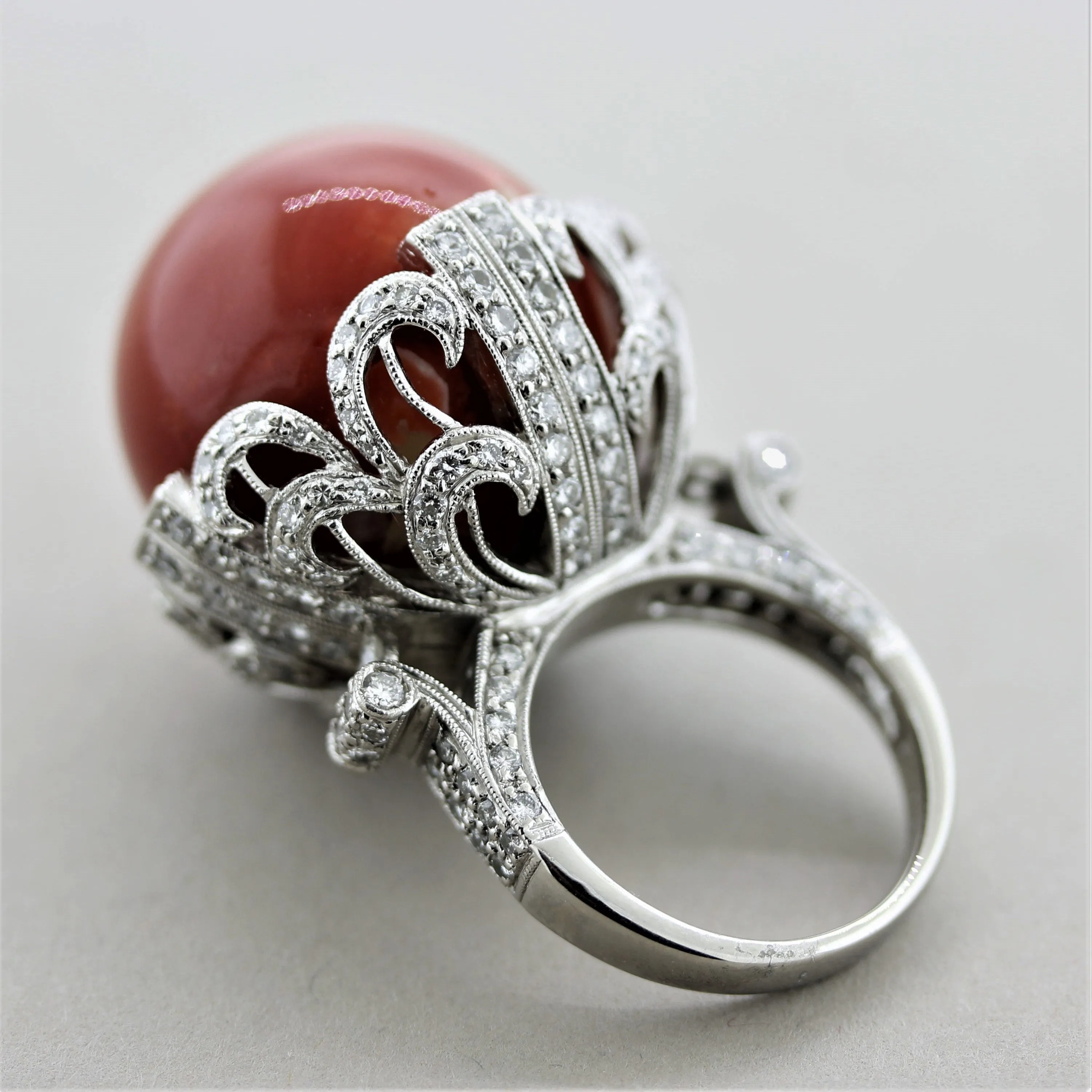 Important Coral Diamond Platinum Cocktail Ring