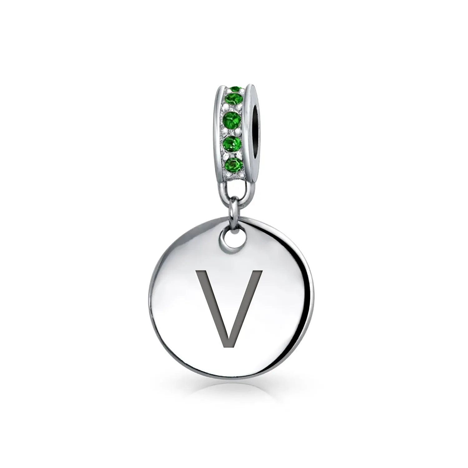 Initial Alphabet Bead Charm Green Crystal Sterling Silver Simulated Emerald Birthstone