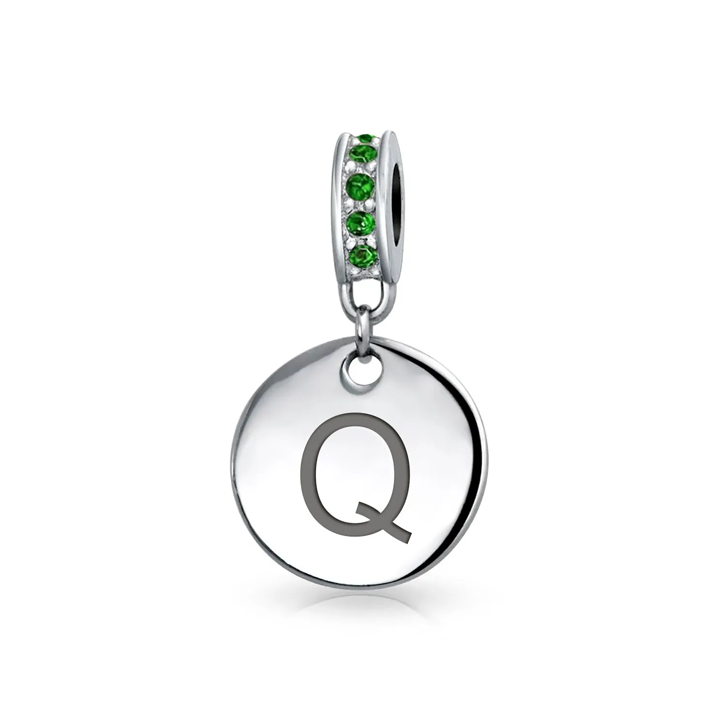 Initial Alphabet Bead Charm Green Crystal Sterling Silver Simulated Emerald Birthstone