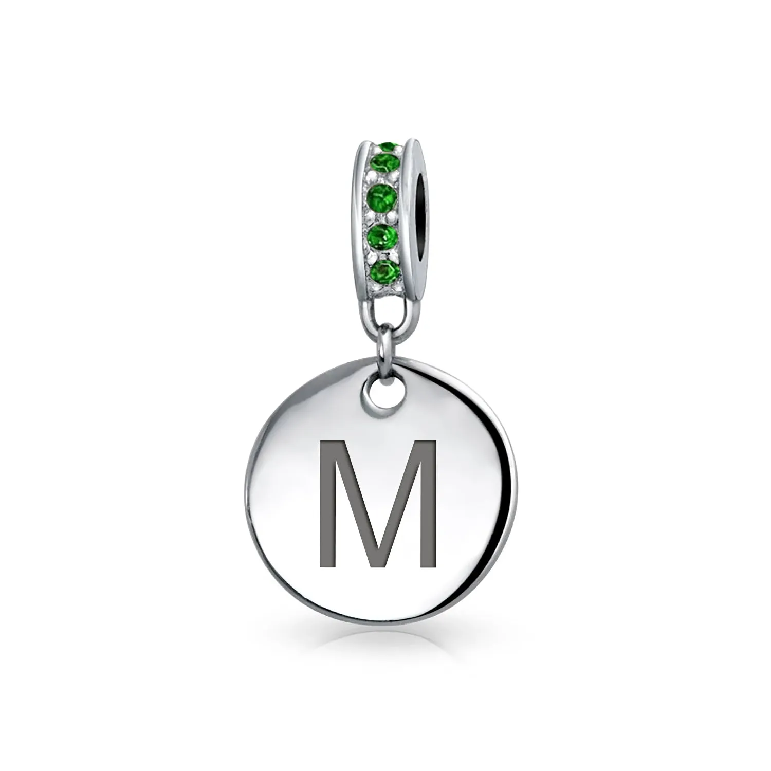 Initial Alphabet Bead Charm Green Crystal Sterling Silver Simulated Emerald Birthstone