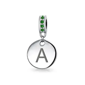 Initial Alphabet Bead Charm Green Crystal Sterling Silver Simulated Emerald Birthstone