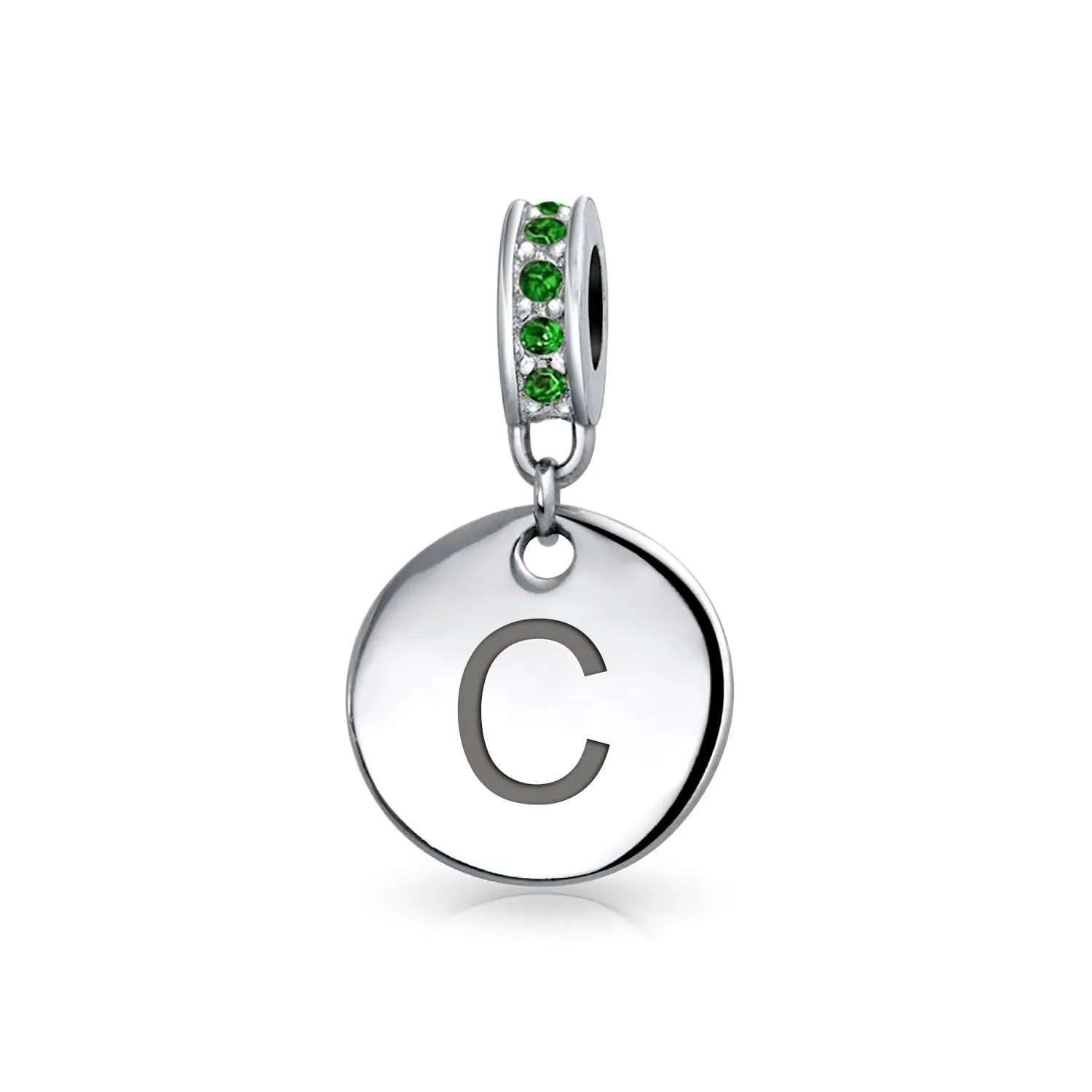 Initial Alphabet Bead Charm Green Crystal Sterling Silver Simulated Emerald Birthstone