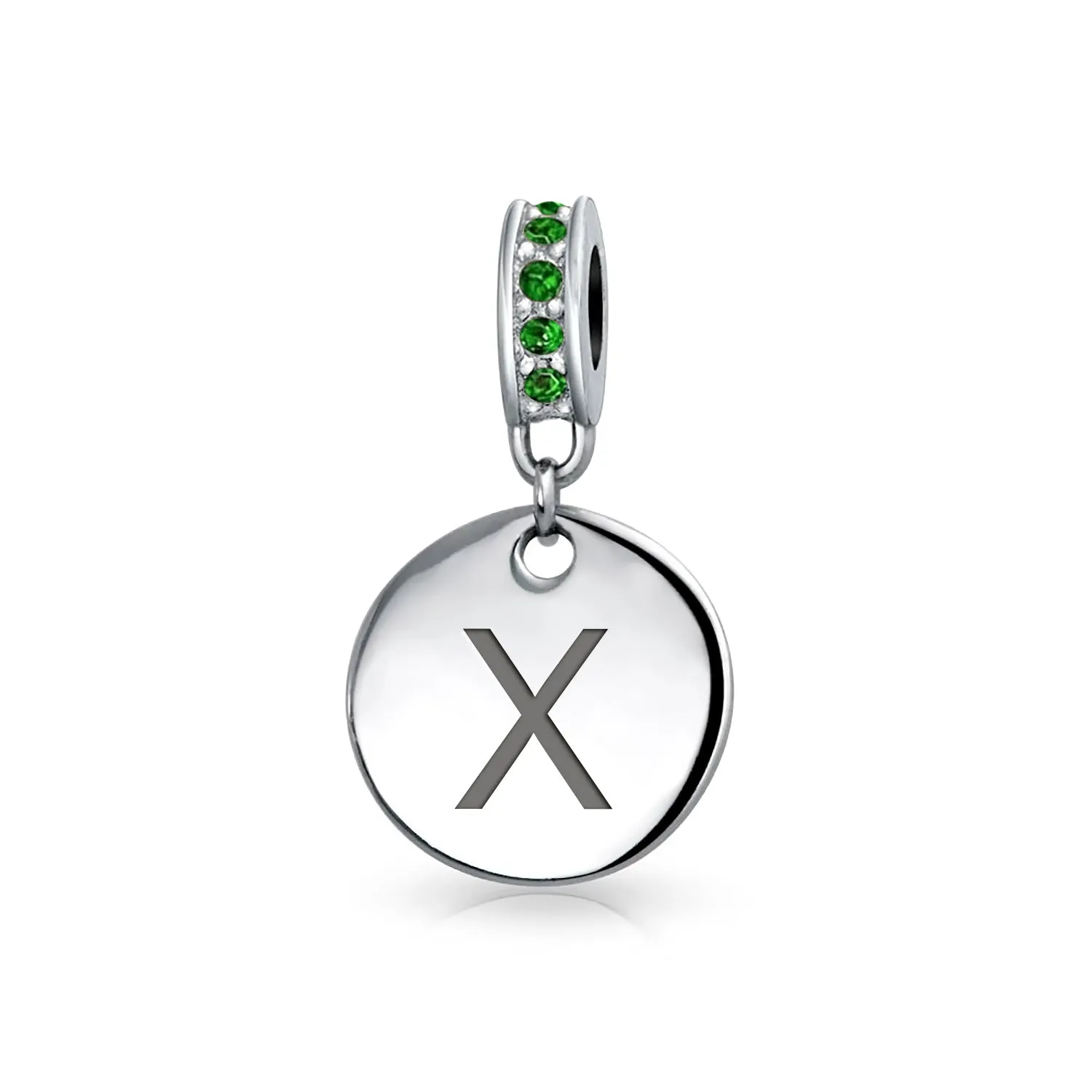 Initial Alphabet Bead Charm Green Crystal Sterling Silver Simulated Emerald Birthstone