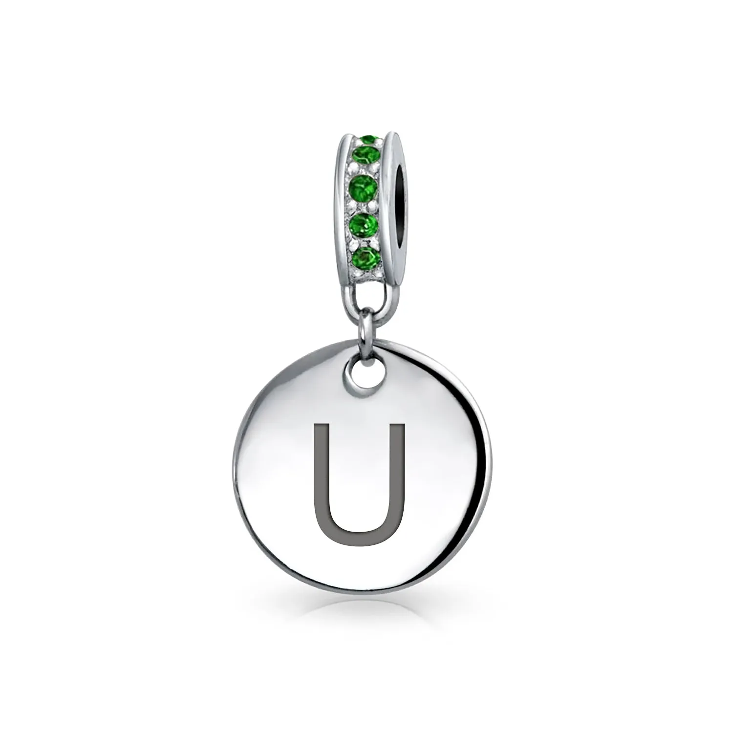 Initial Alphabet Bead Charm Green Crystal Sterling Silver Simulated Emerald Birthstone