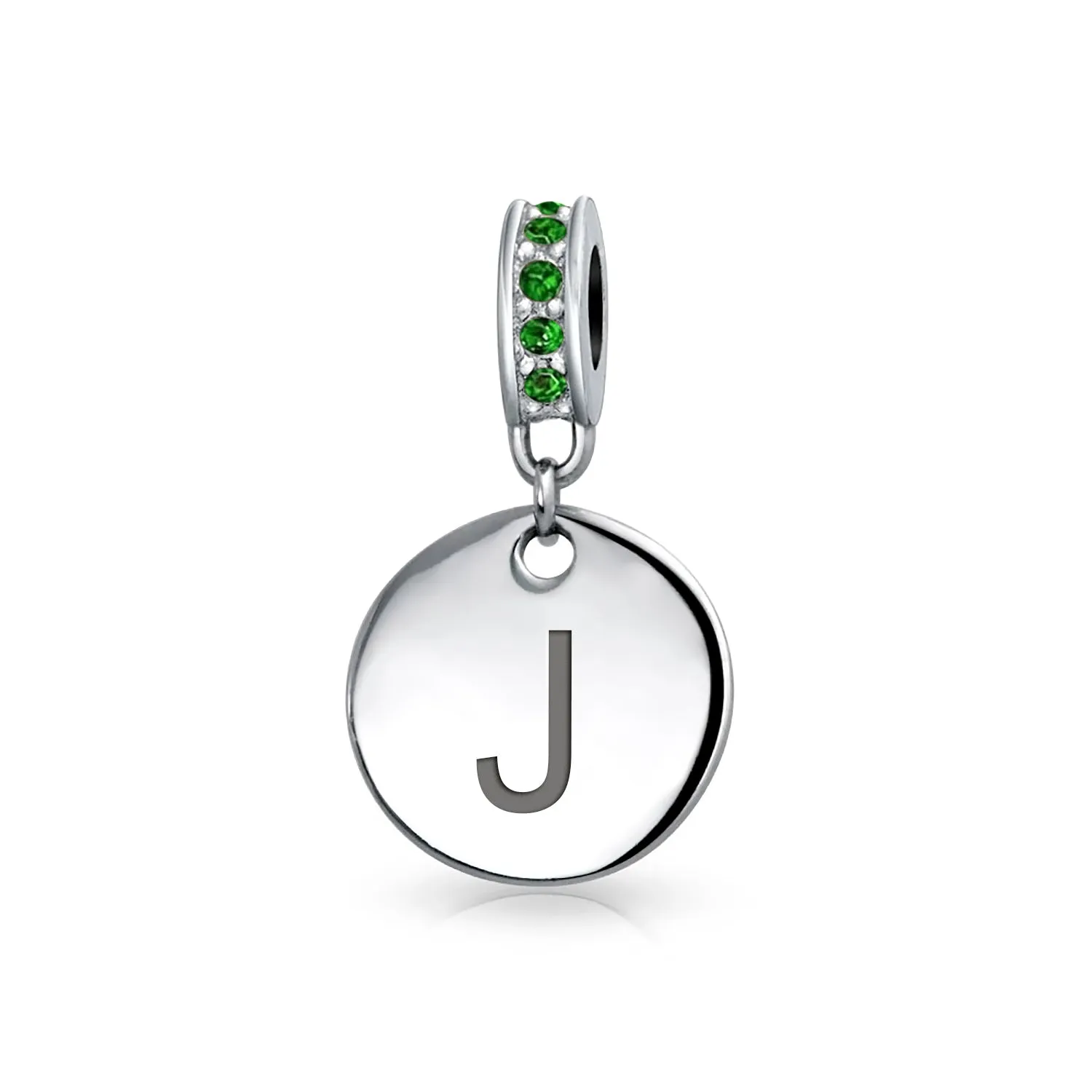 Initial Alphabet Bead Charm Green Crystal Sterling Silver Simulated Emerald Birthstone