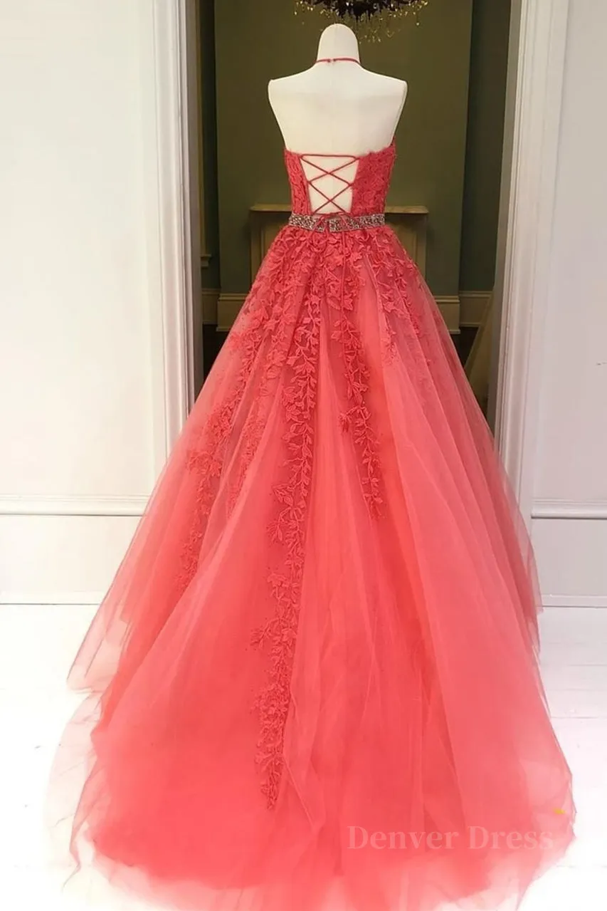 kamahe Stylish Backless Coral Lace Long Prom Dress, Coral Lace Formal Graduation Evening Dress