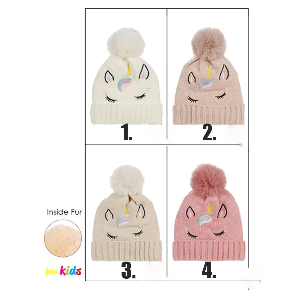 Kids Unicorn Pom Pom Fleeced Beanie Hats