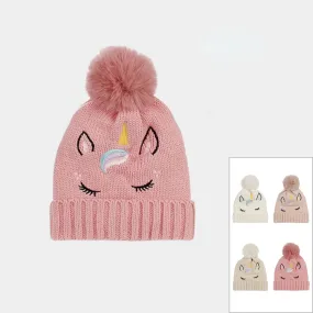 Kids Unicorn Pom Pom Fleeced Beanie Hats