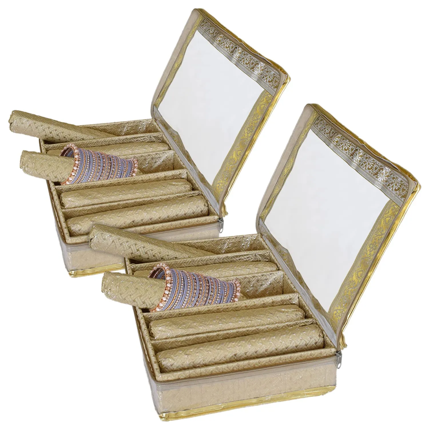 Kuber Industries Weave Design Laminated 5 Rod Box, Organizer For Bangle, Watches, Bracelets, Jewellery With Tranasparent Top - Pack of 2 (Gold)-47KM0404