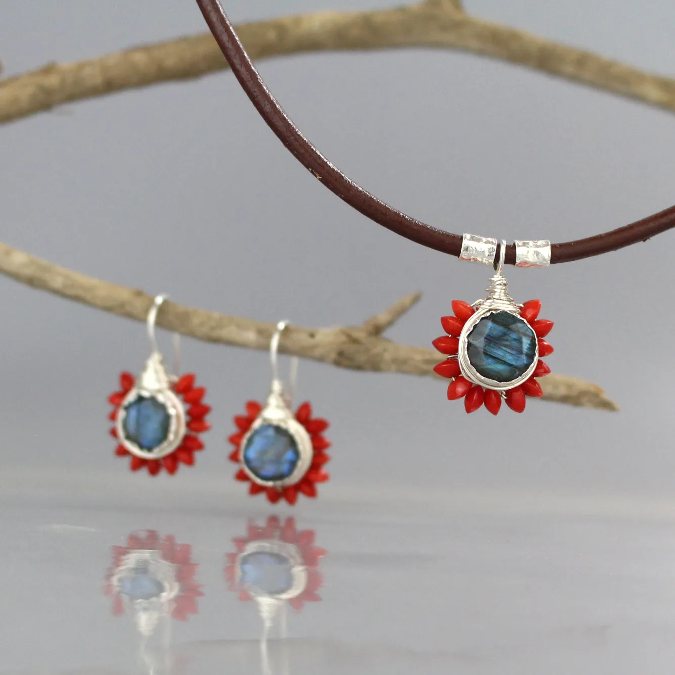 Labradorite Coral Flower Earrings