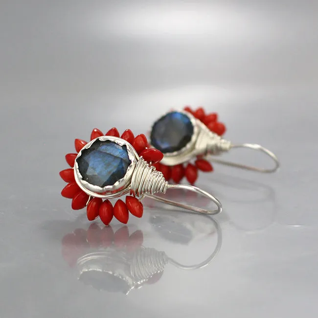 Labradorite Coral Flower Earrings