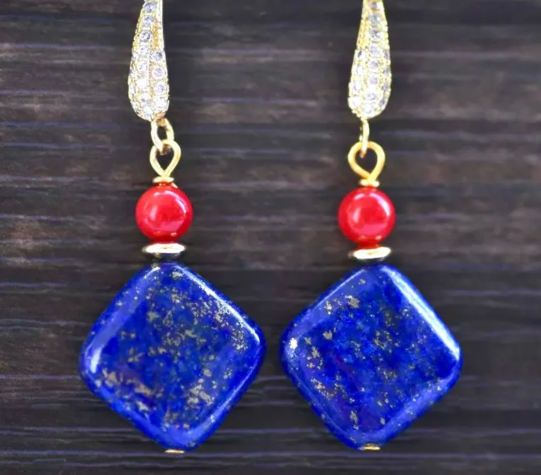 Lapis Lazuli & Red Coral Gemstone Gold Dangle Earrings 1.5"