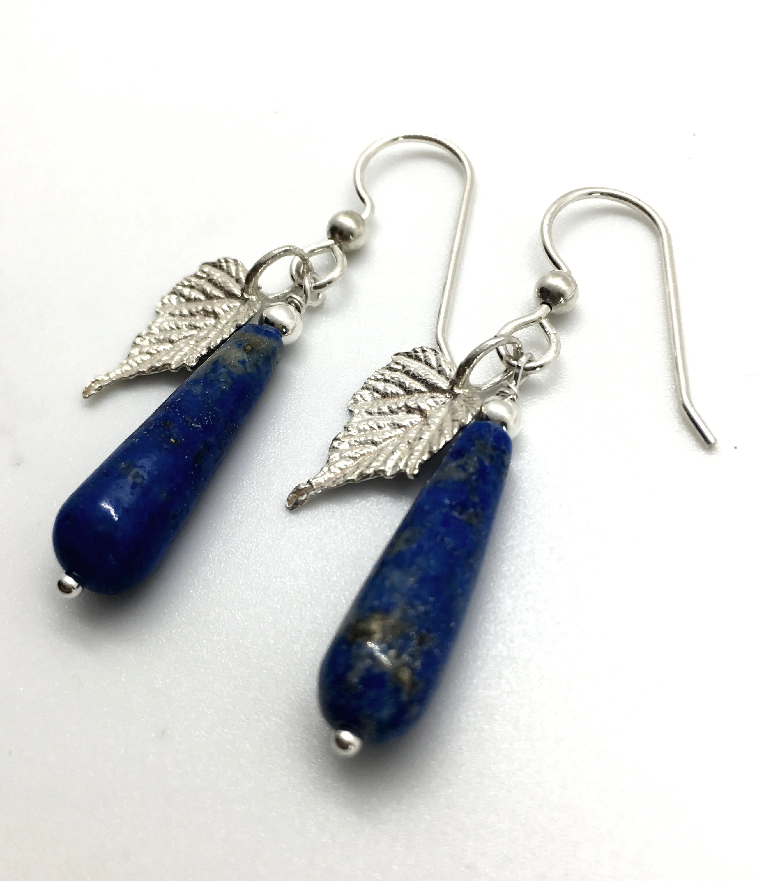 Lapis Lazuli Teardrop Earrings with Sterling Silver Grape Leaves