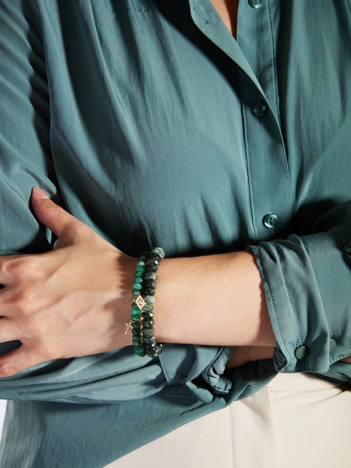 Large Diamond Evil Eye on Faceted Emerald Beaded Bracelet