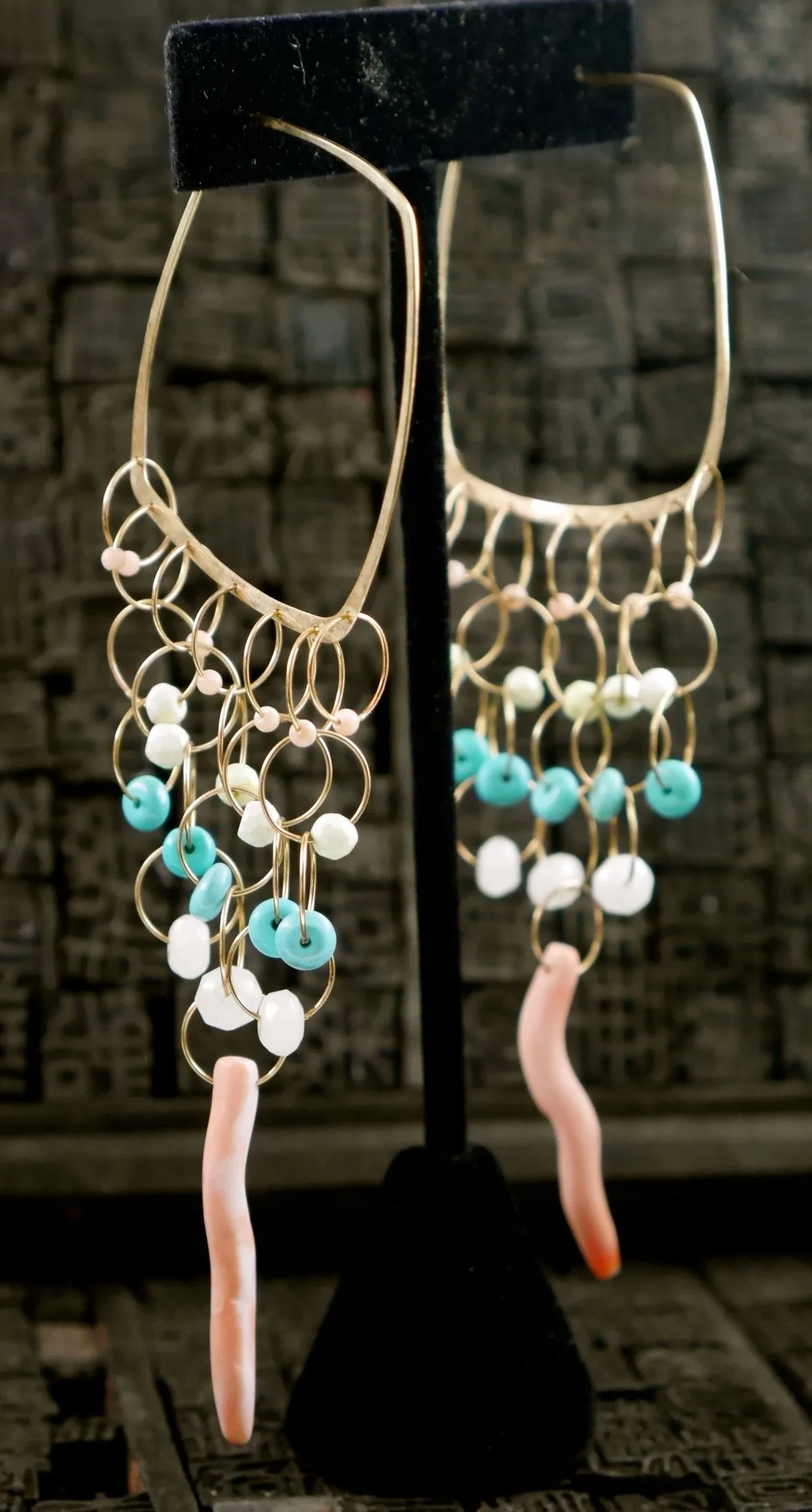 Melissa Joy Manning Gold, Turquoise and Coral Earrings