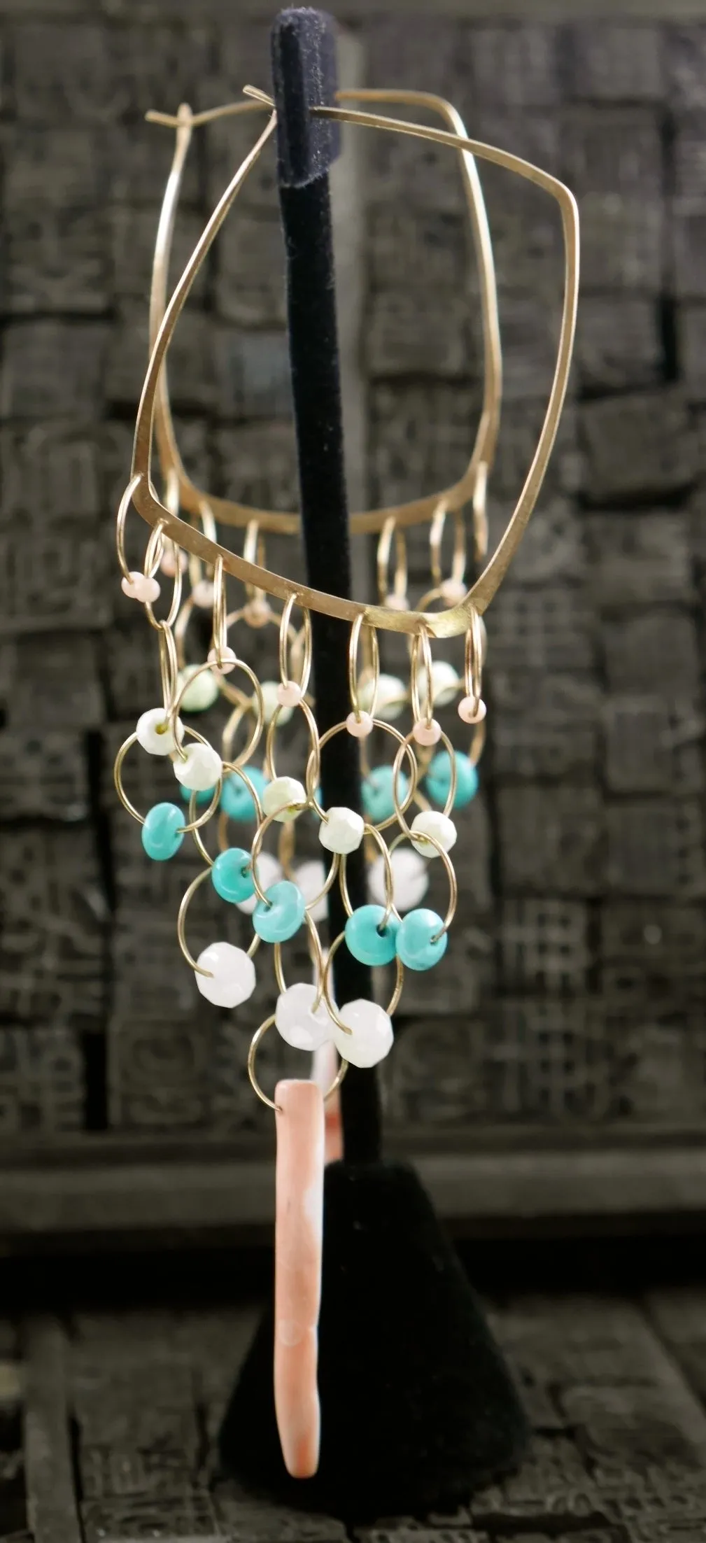 Melissa Joy Manning Gold, Turquoise and Coral Earrings