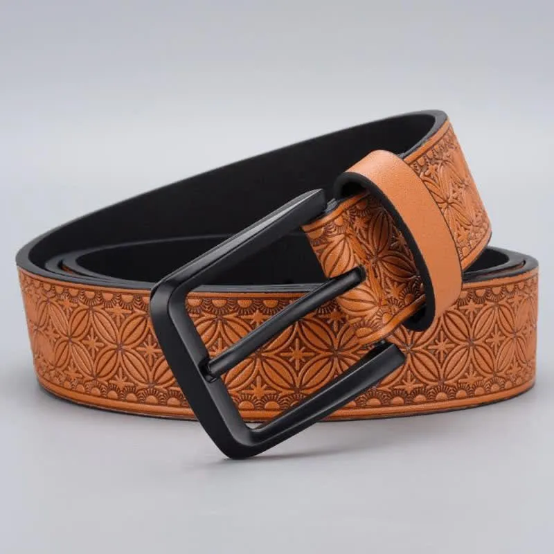 Men's Geometric Coin Embossing Leather Belt