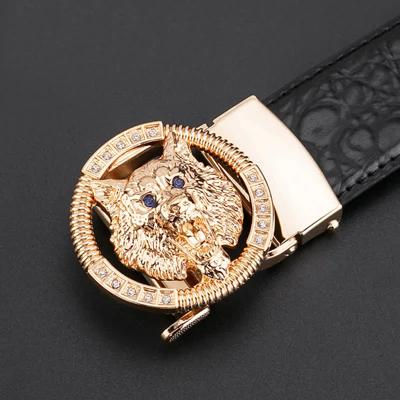 Men's Round Wolf Rhinestone Automatic Buckle Leather Belt