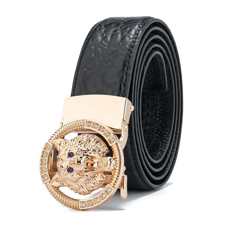 Men's Round Wolf Rhinestone Automatic Buckle Leather Belt