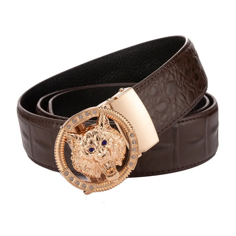 Men's Round Wolf Rhinestone Automatic Buckle Leather Belt