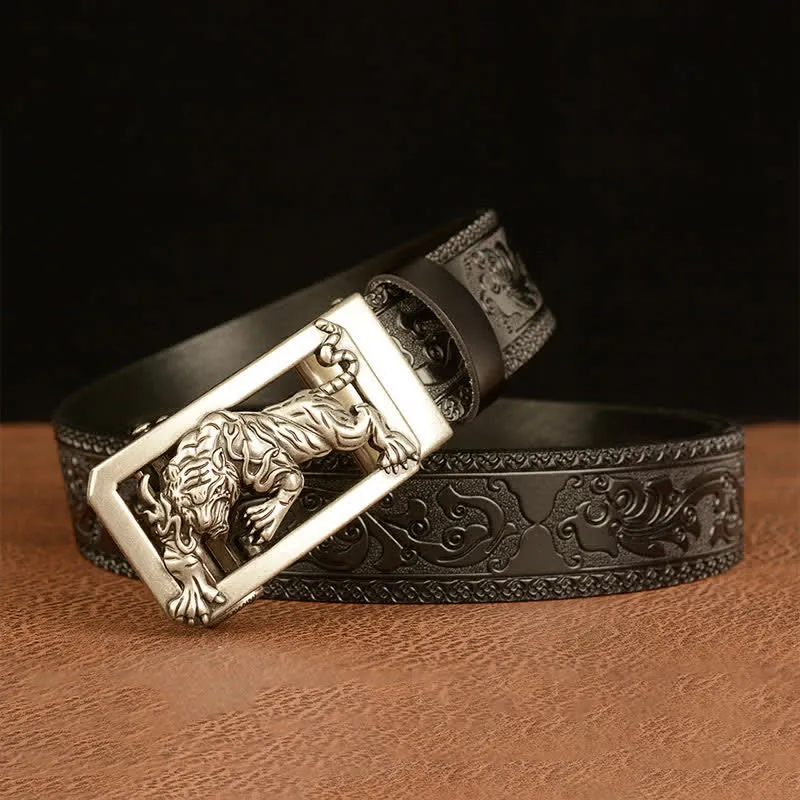 Men's Tiger Buckle Floral Embossed Leather Belt