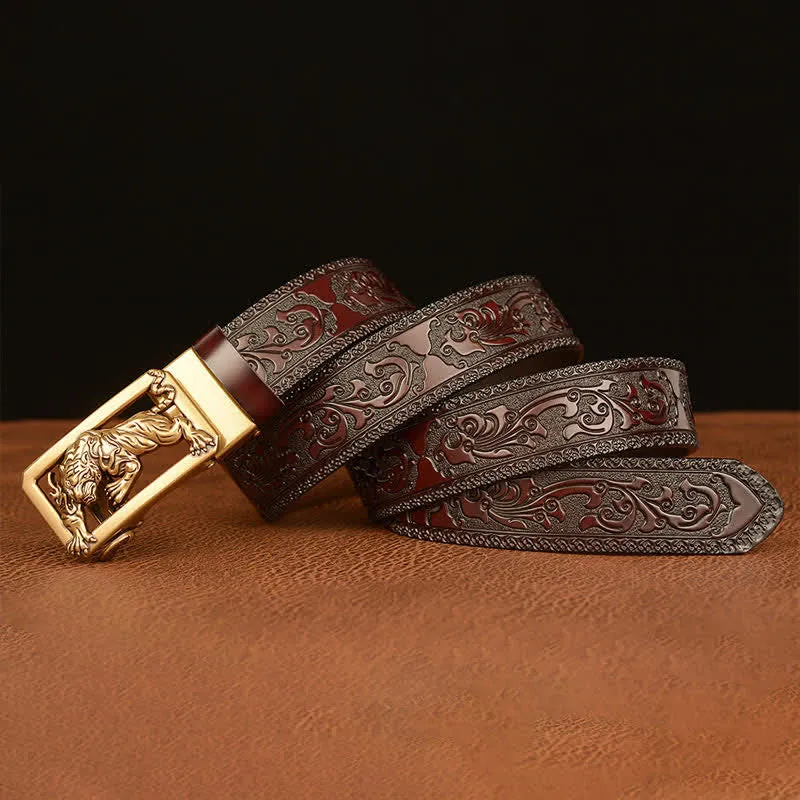 Men's Tiger Buckle Floral Embossed Leather Belt