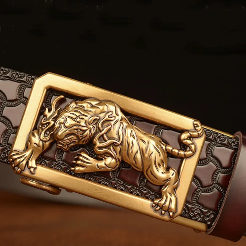 Men's Tiger Buckle Floral Embossed Leather Belt