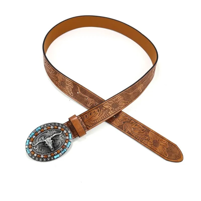 Men's Western Cowboy Turquoise Bull Leather Belt