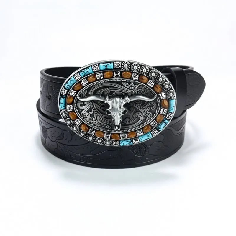 Men's Western Cowboy Turquoise Bull Leather Belt