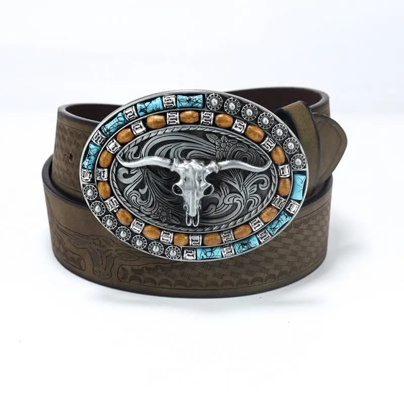 Men's Western Cowboy Turquoise Bull Leather Belt