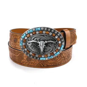 Men's Western Cowboy Turquoise Bull Leather Belt