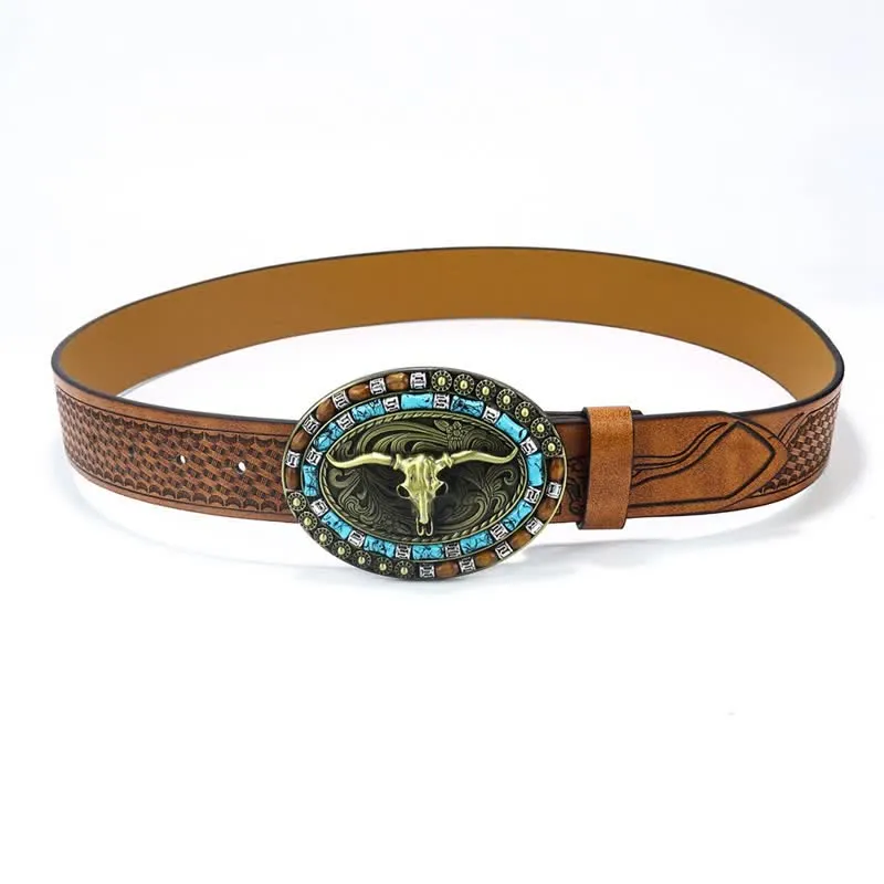 Men's Western Cowboy Turquoise Bull Leather Belt