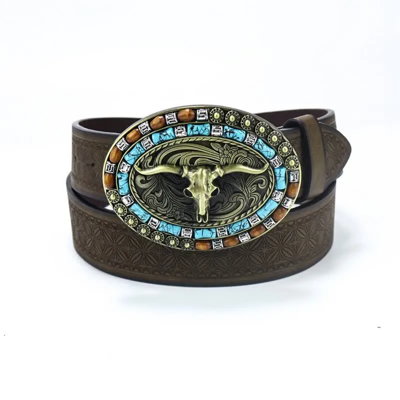 Men's Western Cowboy Turquoise Bull Leather Belt