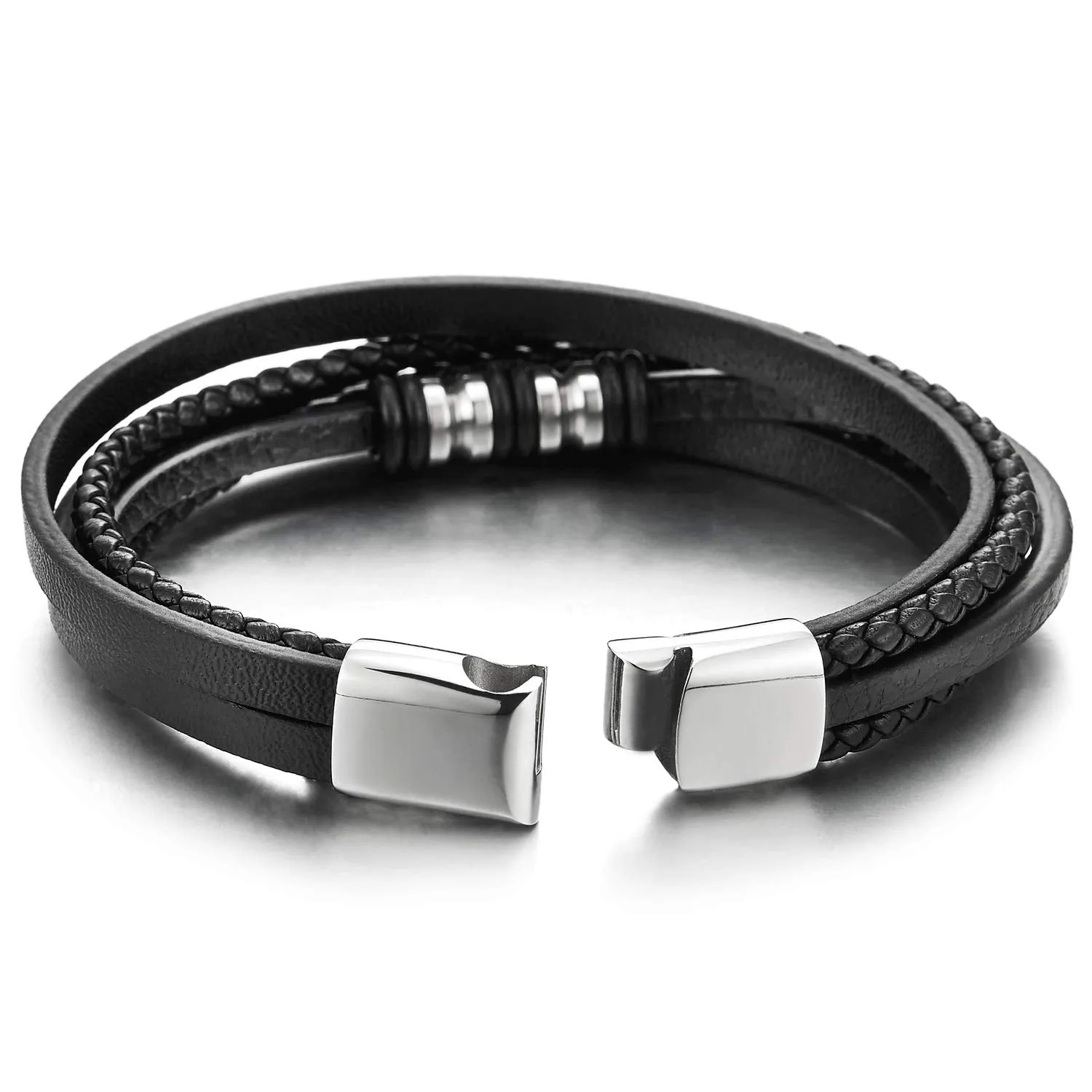 Mens Women Multi-Strand Black Braided Leather Bracelet Bangle with Steel Silver Bead Charms