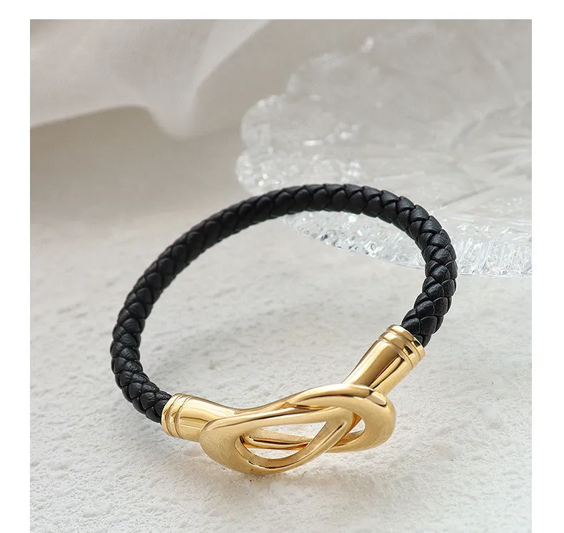 Minimalist Luxe Black Leather Bracelet with Woven Rope Design