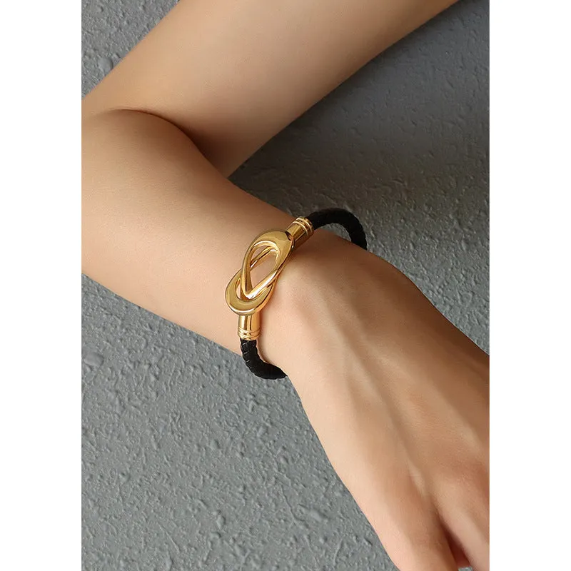 Minimalist Luxe Black Leather Bracelet with Woven Rope Design