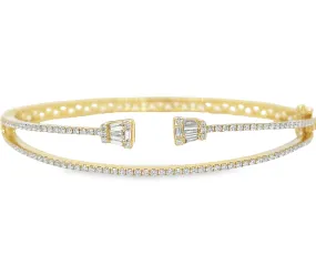 Mixed Cut Double Diamond Yellow Gold Cuff Bangle