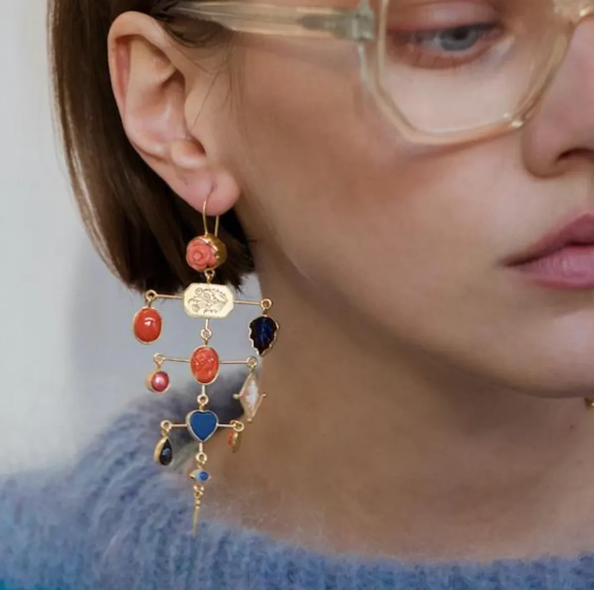 Multilayer Balance Victorian Drop Earrings, Lapis and Coral