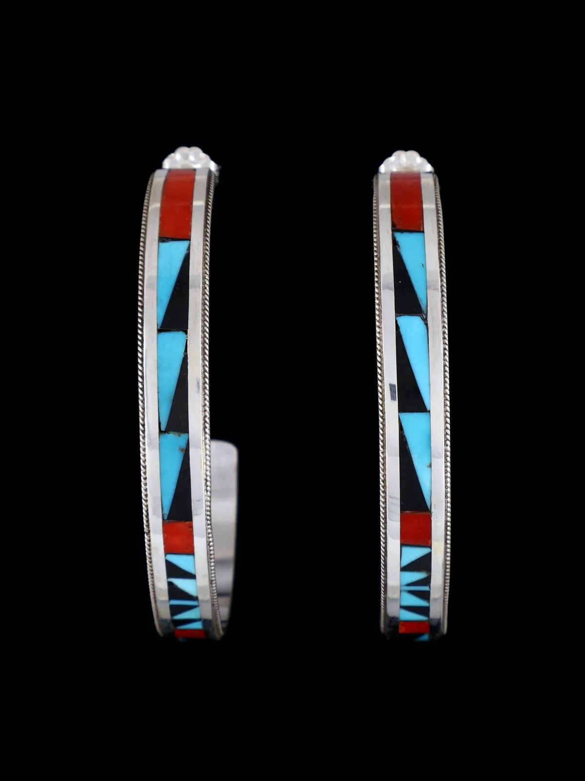 Native American Zuni Turquoise and Coral Inlay Hoop Earrings