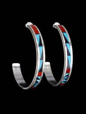 Native American Zuni Turquoise and Coral Inlay Hoop Earrings