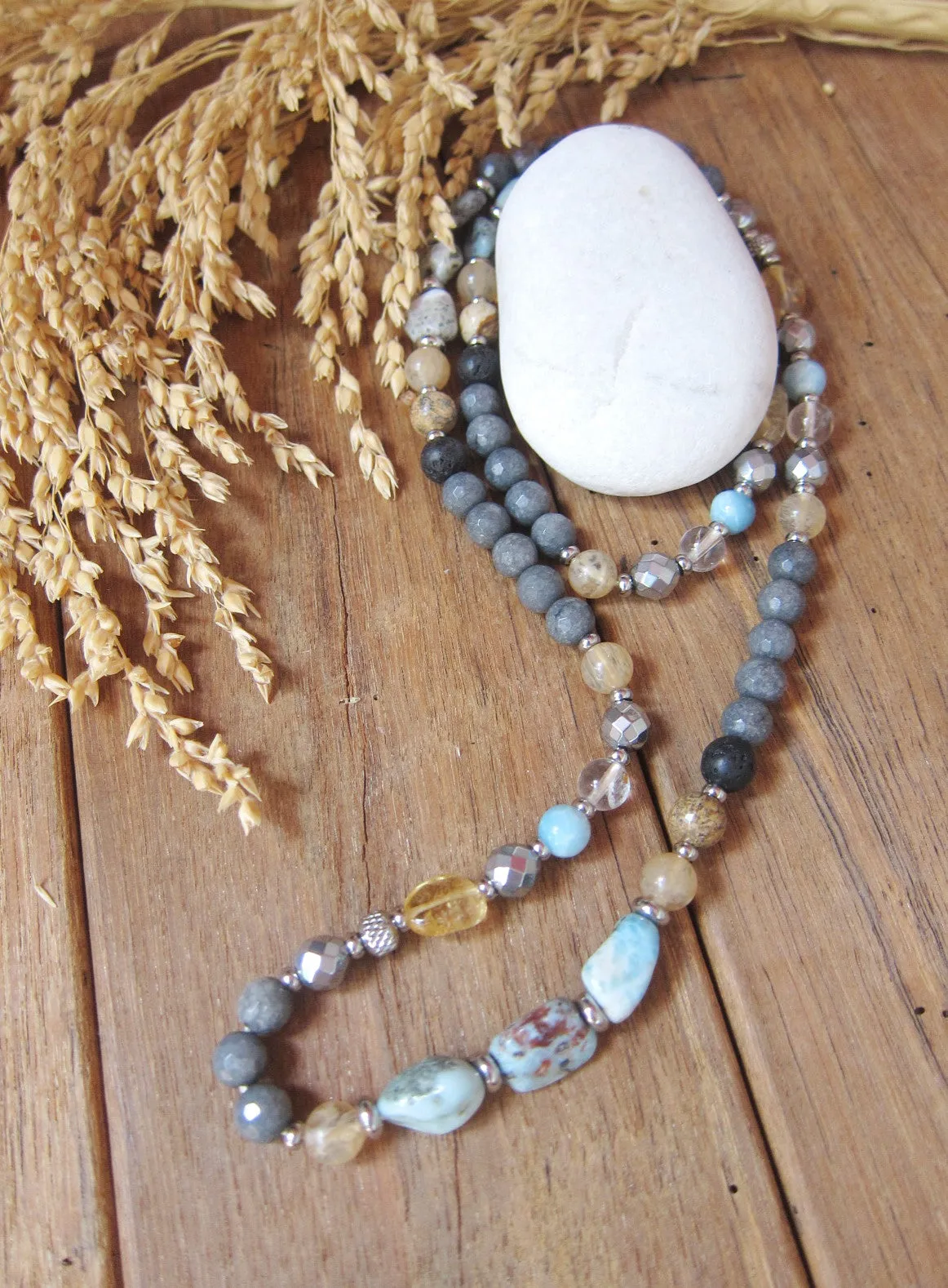 Natural Larimar, Citrine Stainless Steel Clasp Necklace