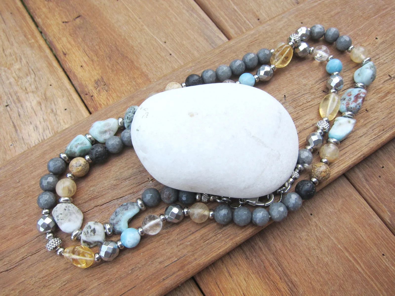 Natural Larimar, Citrine Stainless Steel Clasp Necklace