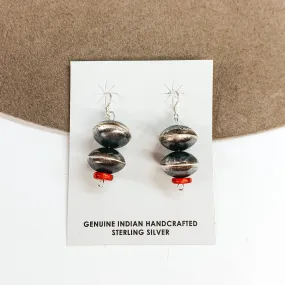 Navajo | Navajo Handmade Sterling Silver Saucer Navajo Pearl Drop Earrings with Red Coral Stones