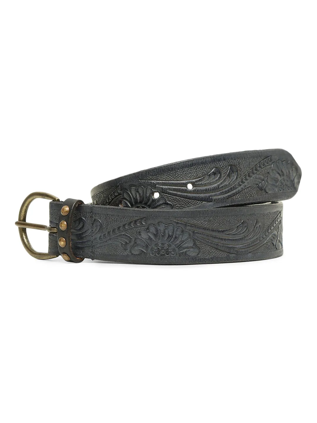 Navy Blue Hand-tooled Design Leather Belt