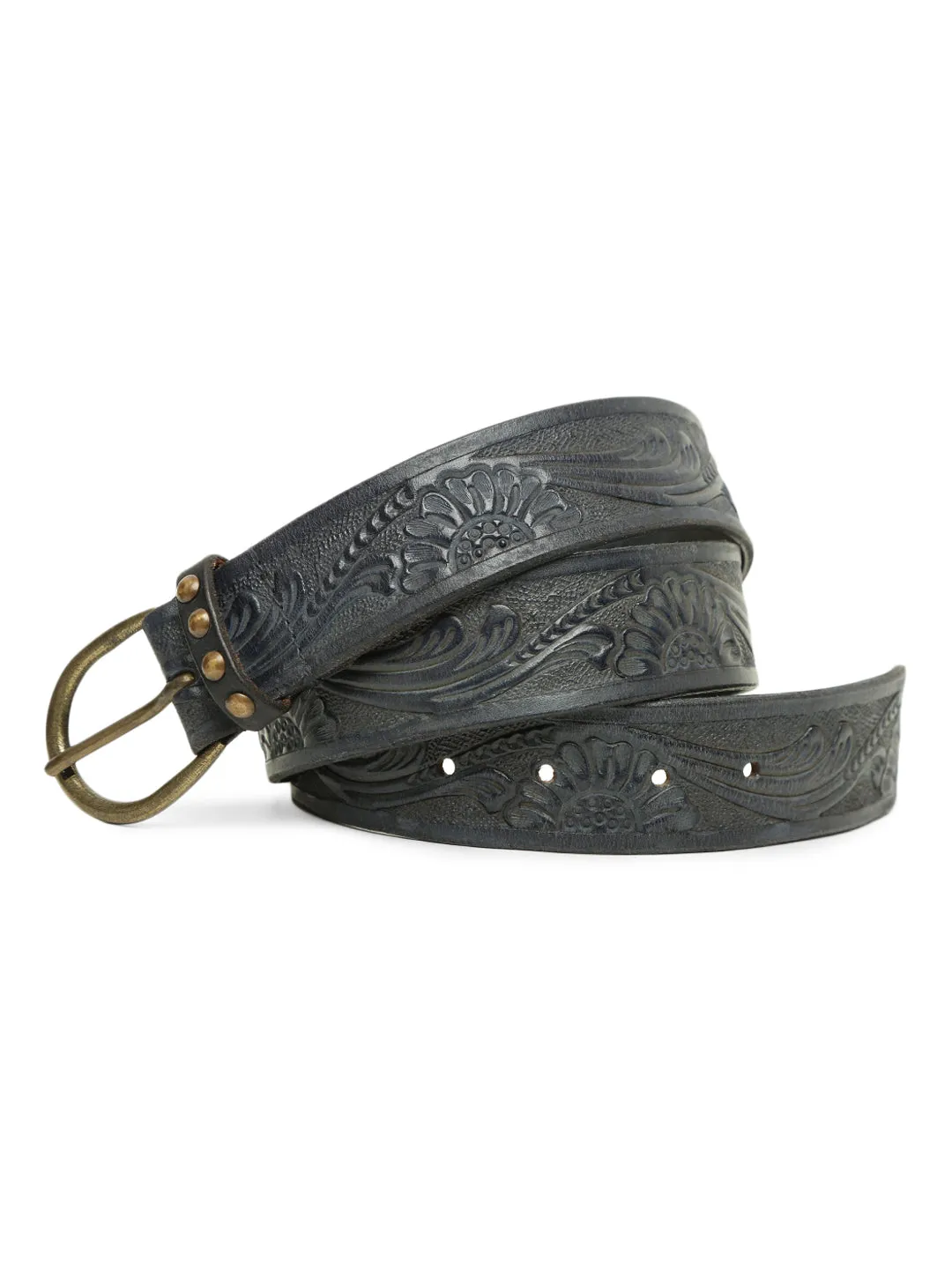 Navy Blue Hand-tooled Design Leather Belt