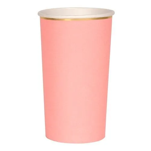 Neon Coral Tall Party Cups, Set of 8 Beautiful Basics Neon Coral Highball Paper Cups, Holds 14 Ounces