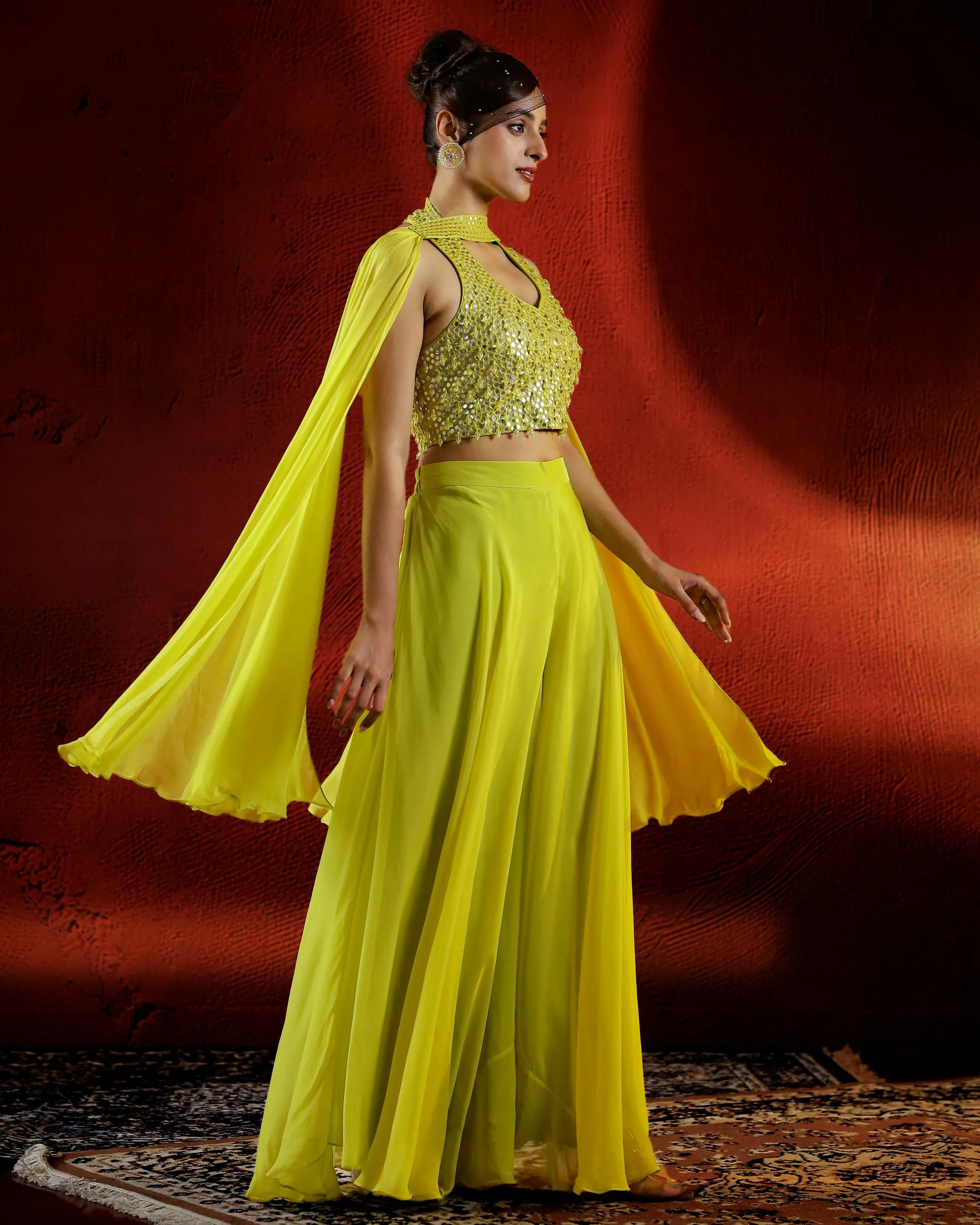 Neon Green Mirror Embellished Organza Silk Palazzo Set