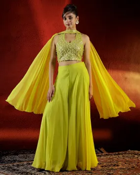 Neon Green Mirror Embellished Organza Silk Palazzo Set